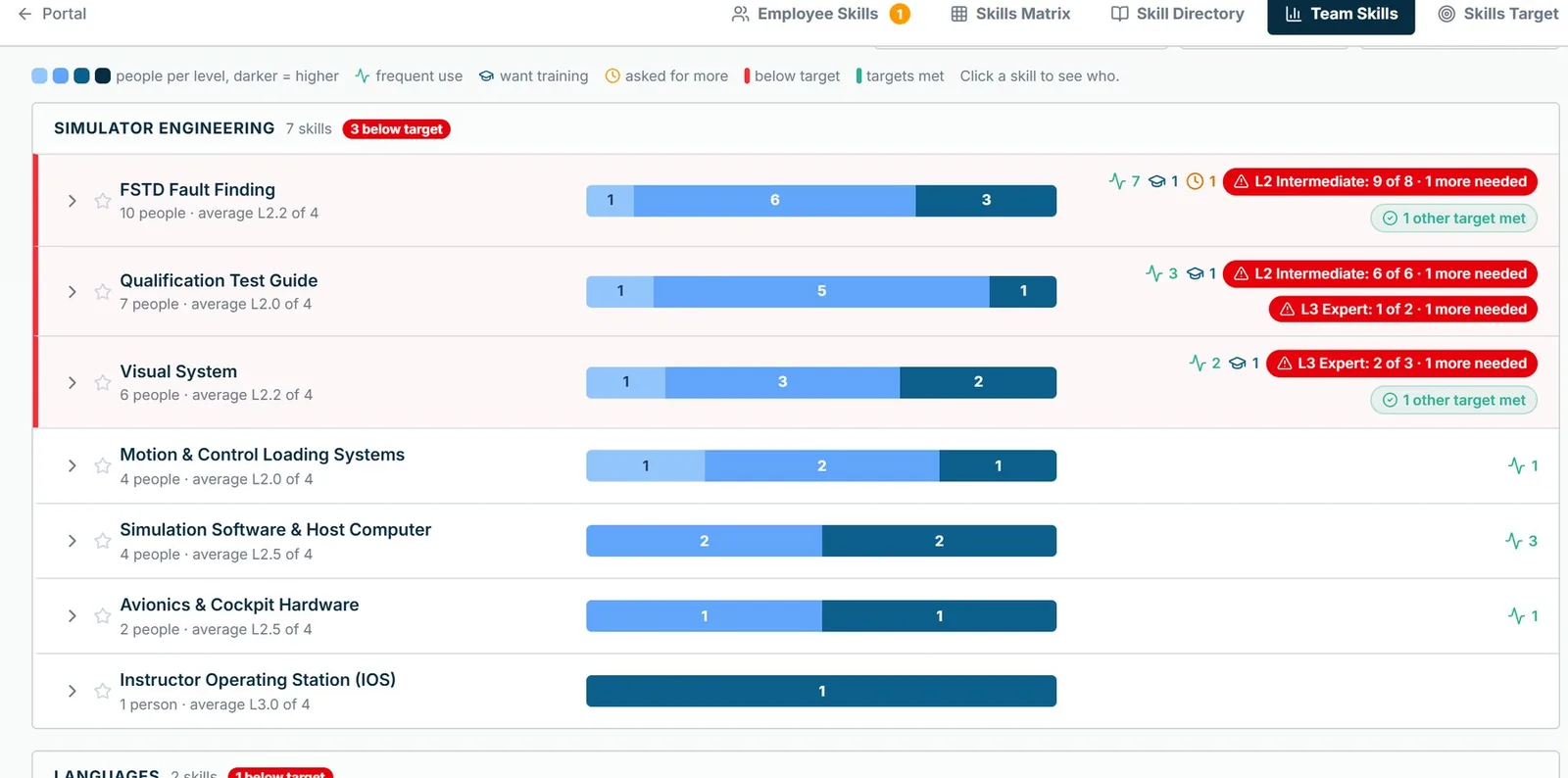 Team skills with targets per level and gaps